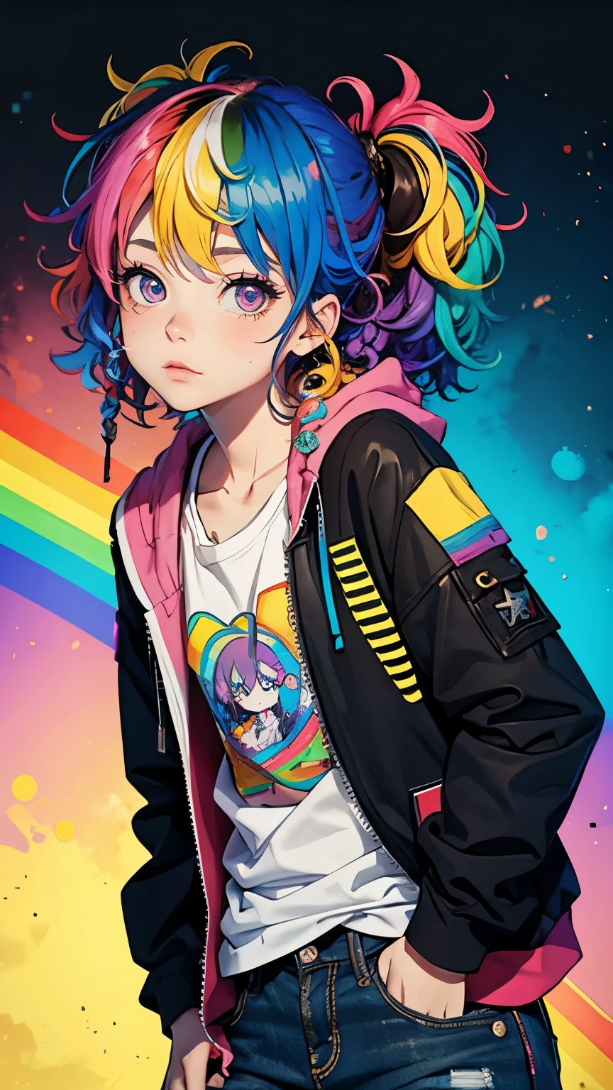 Tied up messy attractive girl, Rainbow Curly Hair, Rainbow Style Jacket, Cool bomb explosion background