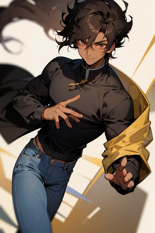 Young dark-skinned black man with short brown curly hair,Cao Cao,eyes browns,black sweatshirt and jeans,strolling,with a sweet smile