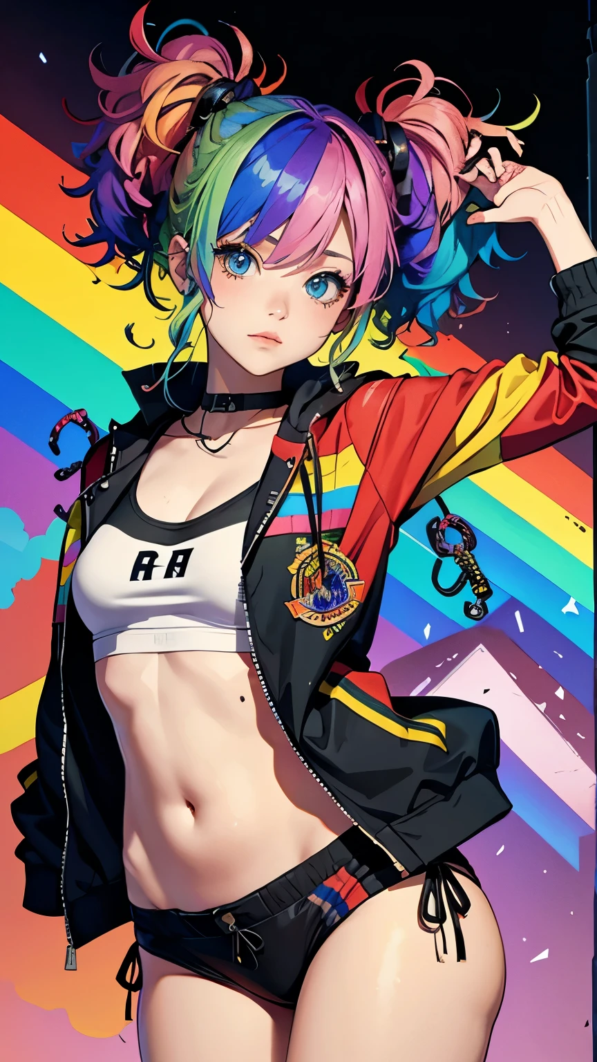 Tied up messy attractive girl, Rainbow Curly Hair, Rainbow Style Jacket, Cool bomb explosion background