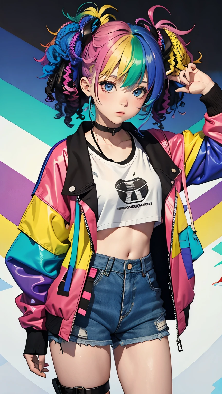 Tied up messy attractive girl, Rainbow Curly Hair, Rainbow Style Jacket, Cool bomb explosion background