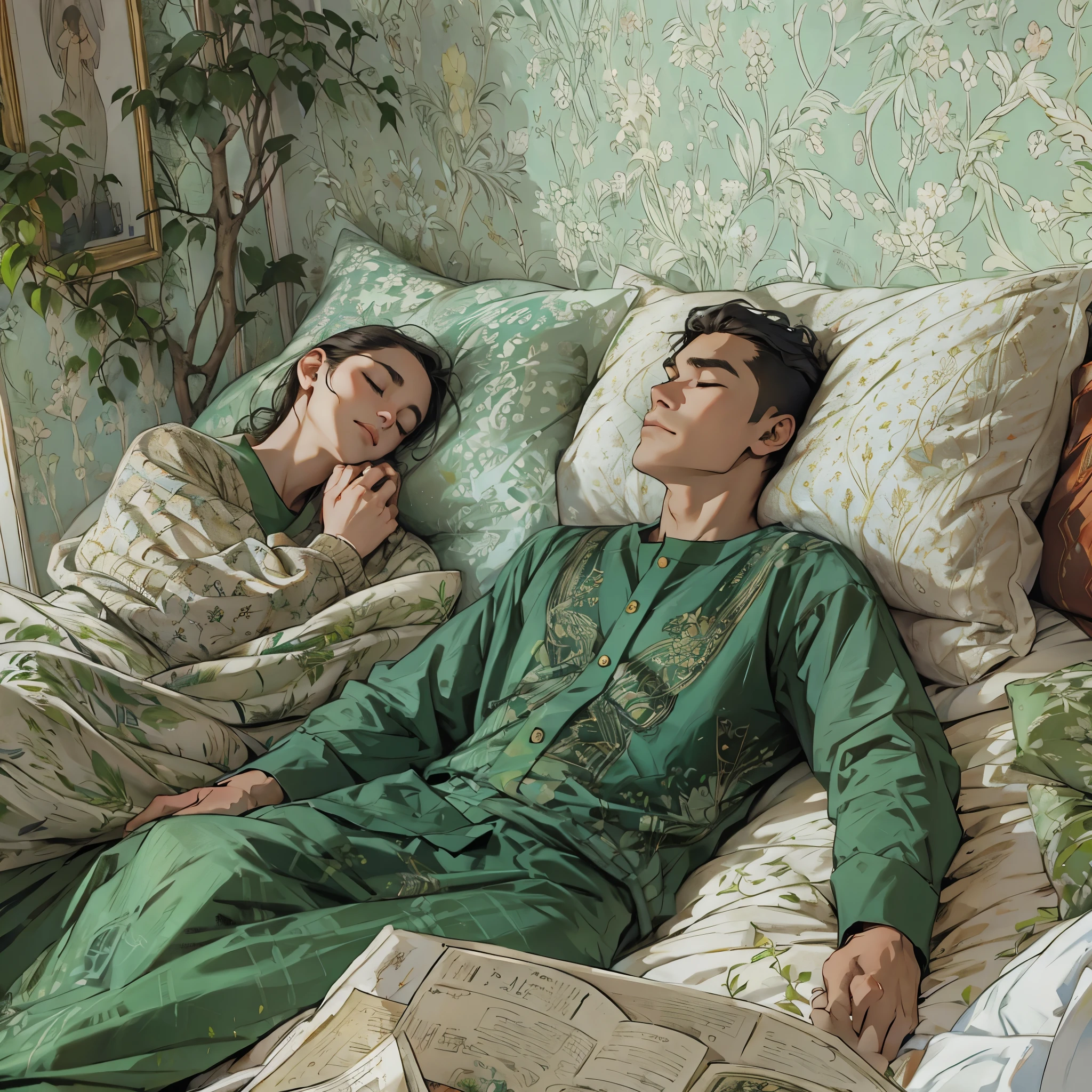 A female and male mediator dressed in green、Sleeping comfortably in bed