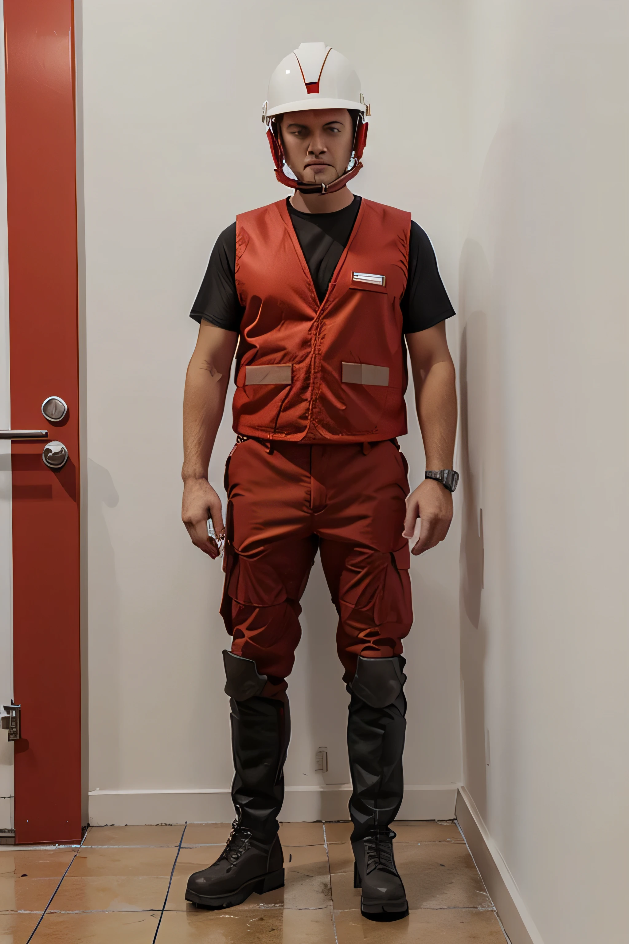 MAN in a RED construction vest and RED helmet standing on a white wall. Security specialist, engineer, Occupation, FULL BODY WORK CONCEPT WITH BOOTS