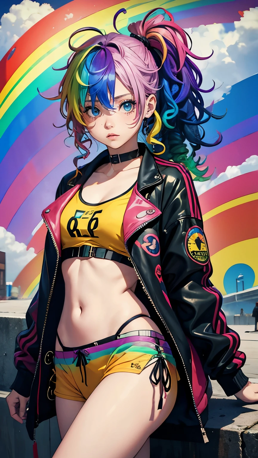 Tied up messy attractive girl, Rainbow Curly Hair, Rainbow Style Jacket, Cool bomb explosion background