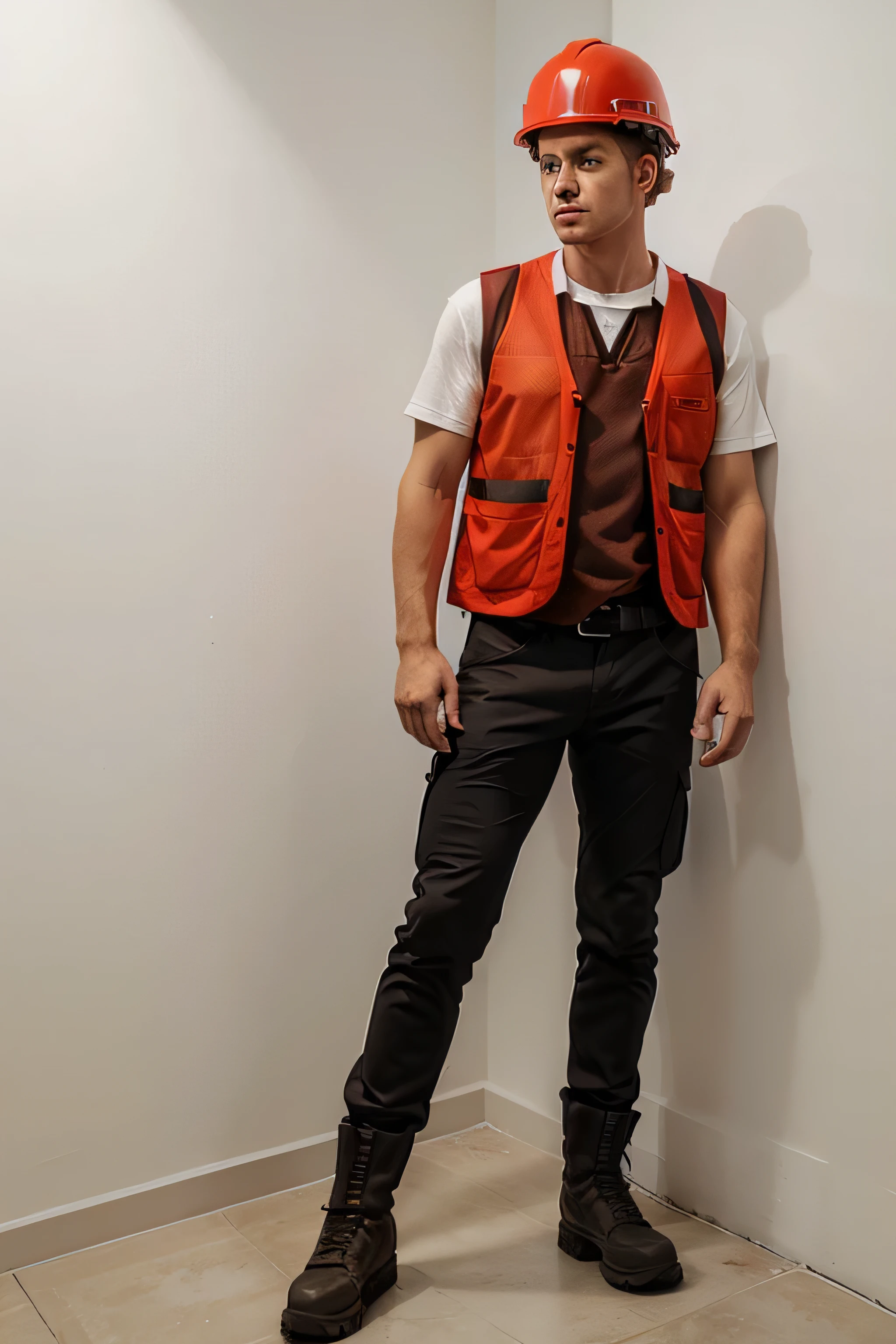 MAN in a RED construction vest and RED helmet standing on a white wall. Security specialist, engineer, Occupation, FULL BODY WORK CONCEPT WITH BOOTS