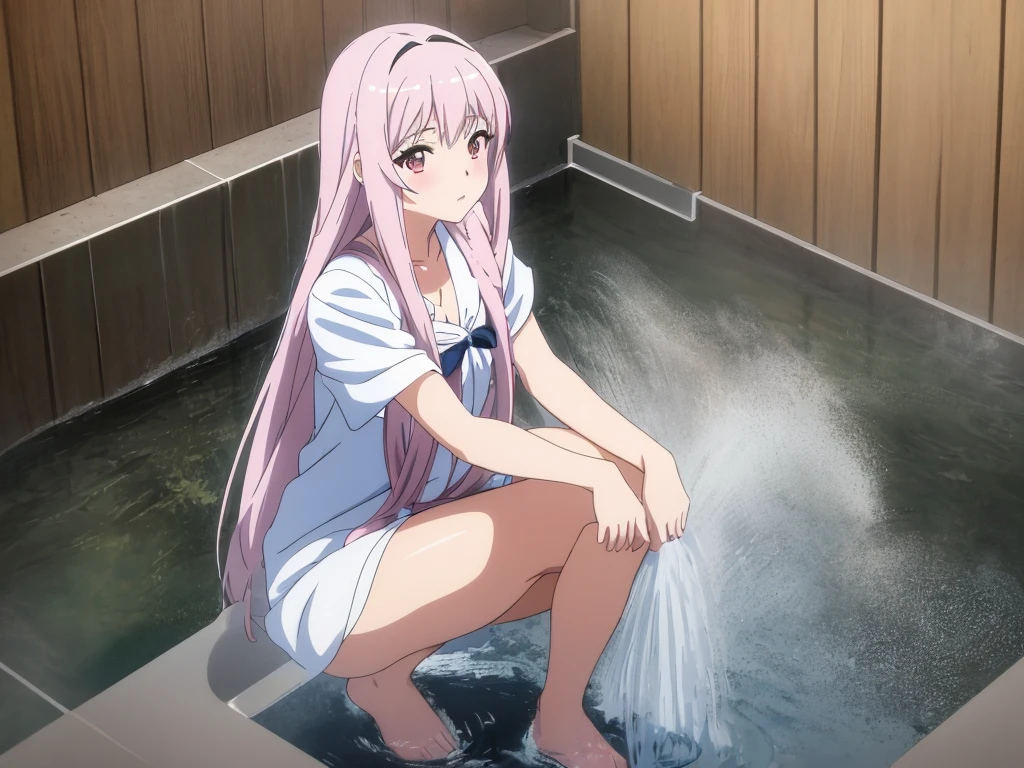 Anime girl sitting in bathtub，Water flows from the faucet, Anime rapunzel girl, washing her dark long hair, Ilya Kuvshinov long hair, smooth anime cg art, Beautiful anime girl squatting down, Beautiful anime high school girl, Anime visuals of a cute girl, Cute Anime Girls, Anime cute art style, clean and meticulous anime art