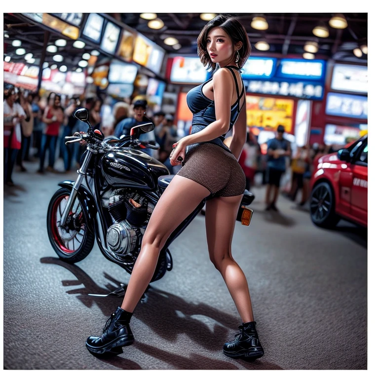 (ExtremelyDetailed((Song Joo A))) clearly visible the shape of Butt, Radiant Ivory Skin with Transparency, motor cycle event girls in sexy costume, Detailed Clothing texture, Full of (motor cycle) . (Full body shot:1.2),Ultra-detailed,grand scale,epic,zoomed out,wide angle. (ExtremelyDetailed Beautiful face) Dynamic Joyful Expressions LifeLike Rendering. (Exposed:0.59) PerfectLighting (TopQuality 8K(masterpiece(ProfessionalPhoto:1.37)))