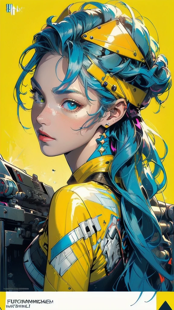 (((masterpiece, highest quality))),(((solo:1.2))),(((1girl:1.2))),32k wallpaper, very detailed, poster, vintage science fiction,(((((geometric cinematic movie poster))))), ((bauhaus)),(shape),(((abstract))),(mid century modern),movie poster,(((((portfolio))))),(((((Close-up))))),(((((bust up))))),((((more various angle)))),((((highlight)))),((((heterochromia)))),(((complete. detailed face))),((((Extremely talented)))),(((((most complecated futristic machine))))),(Colorful color scheme),(((detailed unlimited mechanic complete Equipment))),(((Absolutely Bright yellow background))),(((Matte texture background))),(((Beautiful woman looking back)))