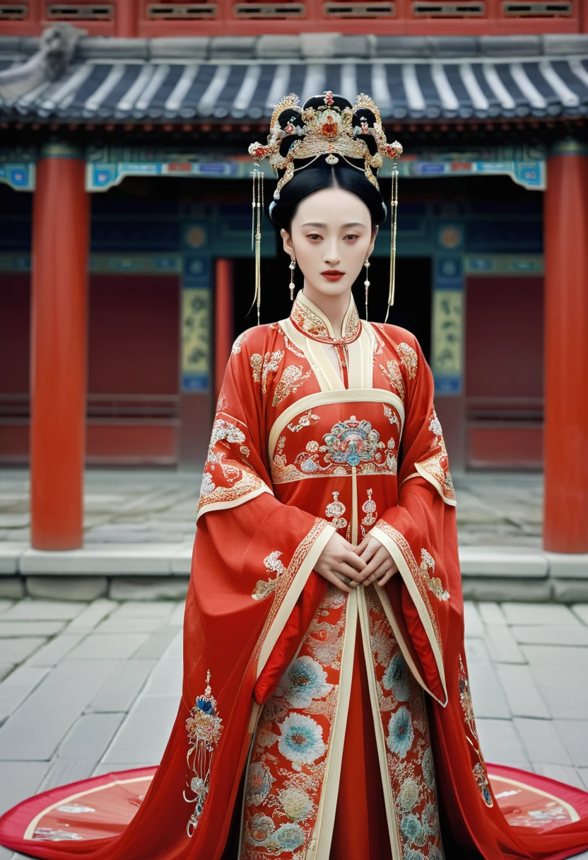 Chinese actress Ruyi Den's Jyou Xun (Zhou Xun) looking like a Qing dynasty empress from the front, full body empress red outfit open and out, large breasts and hairy pussy looking at her
Standing nude
Qing Dynasty Chinese palace outside stone tatami mats with large crown of Empress of China hairstyle