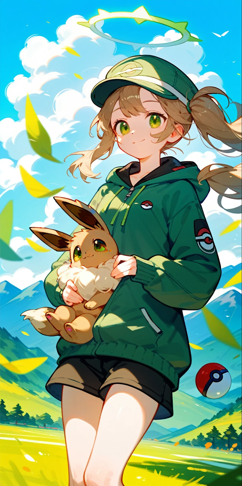 1Young girl，Beautiful light and shadow，Brown side ponytail，Green eyes，Dark green windbreaker，cute，Halo，Smile,Eevee doll clothes，Pokemon ball in hand，Sweatshirt，Blue sky，White Cloud，run，Mountains in the distance，Peaked Cap