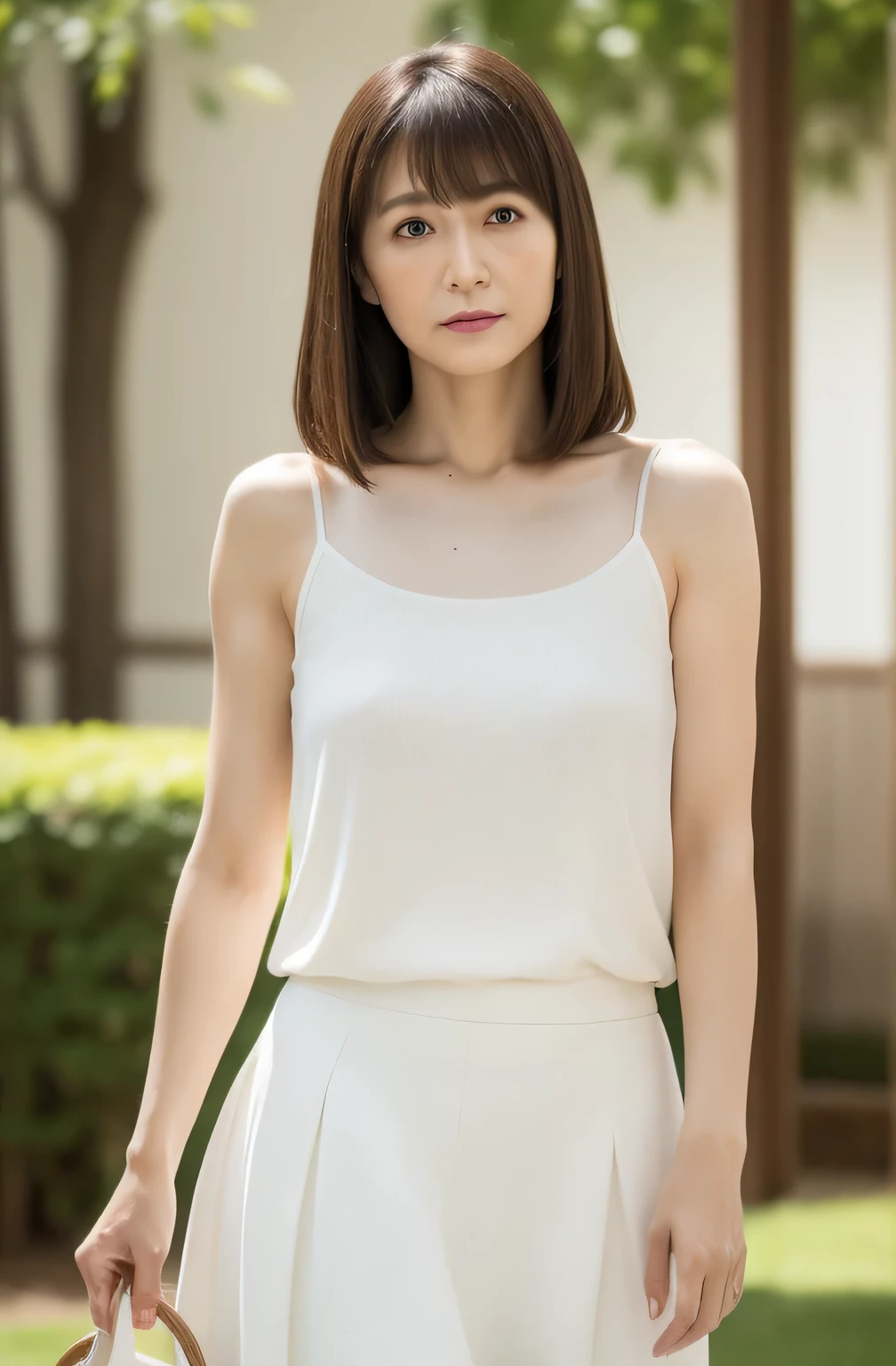 Masterpiece、Highest quality、masterpiece、High resolution、Photorealistic、Raw photo、8k wallpaper、perfection、Professional Lighting、Very detailed、Depth of written boundary、Light solid color background、((1 beautiful woman))、((y 40 year old women、Detailed oval face、Beautiful Eyes、bangs、Shapely large breght brown, medium length straight hair、Faint lips、((Stand facing forward、Staring at the viewer with a serious expression。))、White elegant camisole、White summer skirt、cowboy shot from the knees up