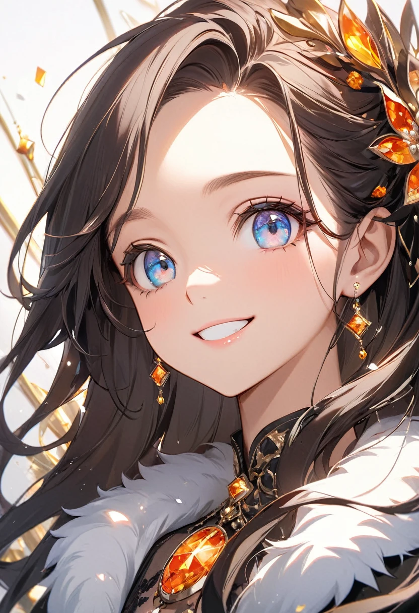 ( best quality:1.2), 1 Girl only, forehead,Solitary, Skin details, Beautiful facial features, fluffy dark long hair,Exquisite makeup, Exquisite eyes, Eye detail,she is 20 years old,(((big smiling))),perovskite structure