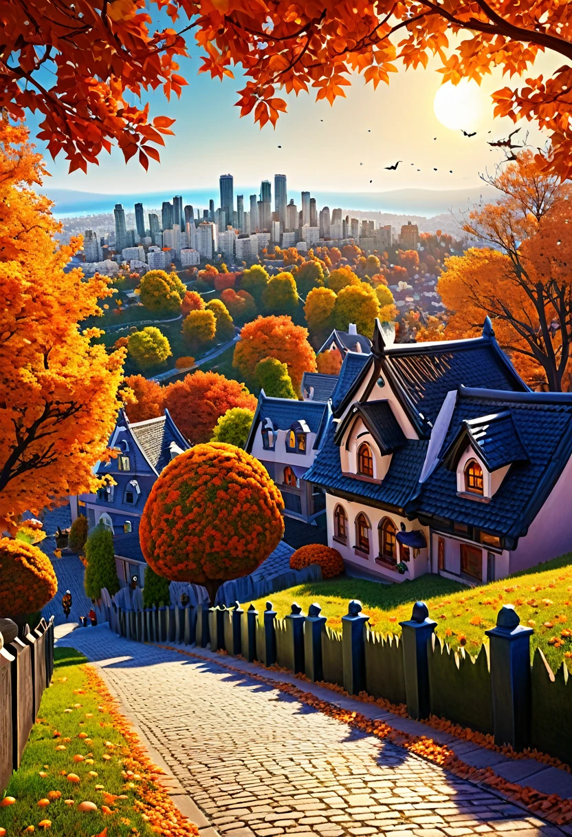 Fantastic autumn scenery and Halloween cityscape