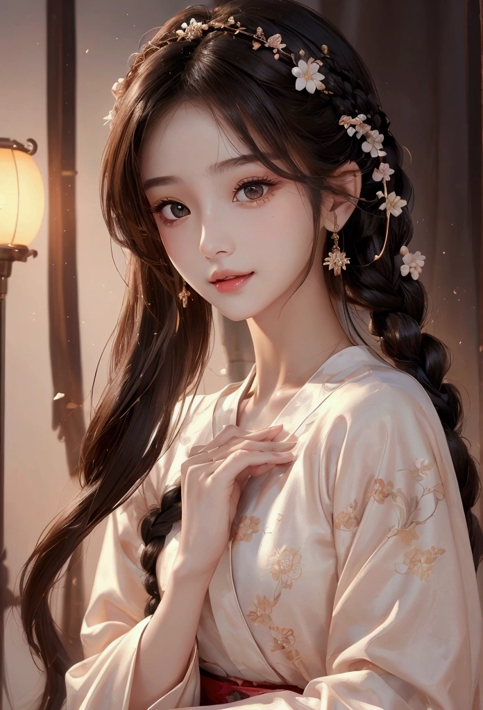 Best image quality、8k、masterpiece:1.3))、Realistic high-quality photos、Highest quality、 Beautiful face、Photos of slim models、Beautiful girl model、Young and pretty face、Beautiful model girl、A lovely and delicate face、Black Hair、Beautiful brown eyes、Young Body、Hanfu, (emphasize)、from the front、Camera gaze,、Anatomically correct、胸の谷間をemphasize、whole body、13-year-old female model、smile、Braid