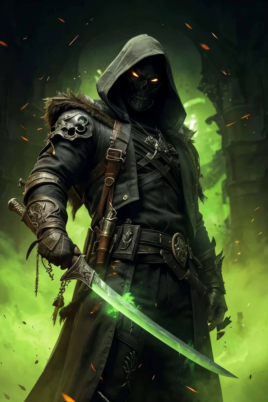 Create a character with great quality and resolution, worthy of a movie villain. The character must have a sinister presence, wearing a shadow assassin outfit with skull decorations. The attire should be composed of dark, tattered clothing with hints of armor peeking out, suggesting decadence. It includes details such as mystical green energy emanating from the character's form and a sword with an ornate handle and detailed blade held confidently in the foreground. (toxic core style). Make sure the character's entire body is visible, from head to toe.