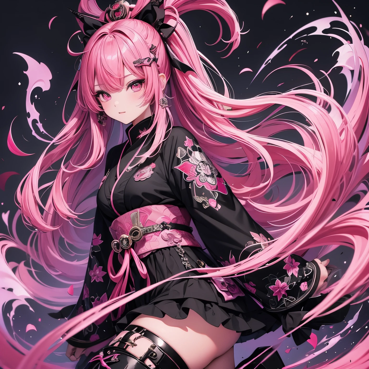 (masterpiece), Highest quality, Ultra-high resolution,Devil with a black ribbon、Pink Hair、Deep pink eyes、Black clothing、kimono、punk、Confident expression、Black boots、Oiran、Wind