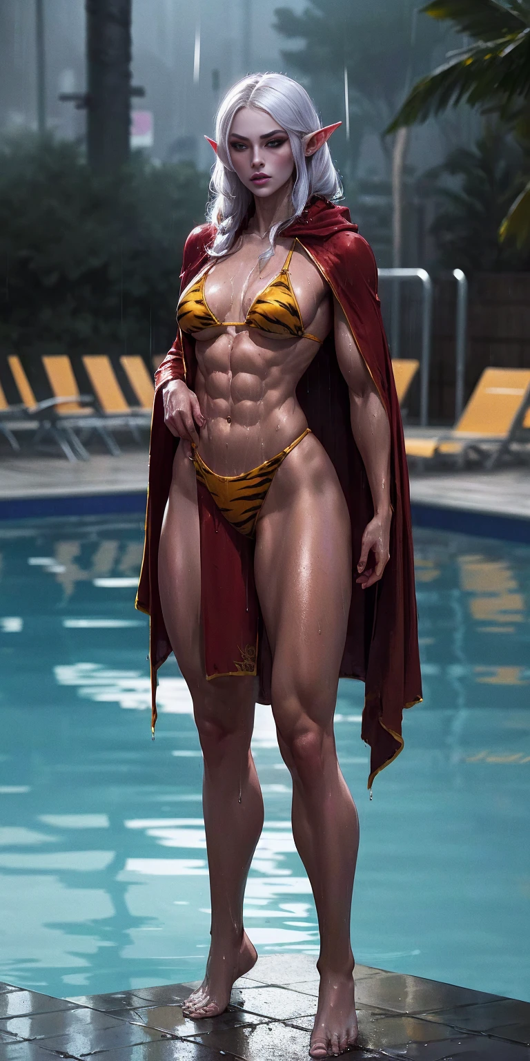 Full body, masterpiece, 1solofemale drow elf purple skin standing pose (yellow tiger bikini) red cape, red bikini, long white hair, strong body, abs, Ultra Quality, shiny skin, Atmospheric, 8K, Cinematic ((Street background)) BREAK, sunglasses (wet rainy, wet by rain, wet body :1.2) ultra-detailed face, detailed lips, detailed eyes, double eyelid, sensual low-necked dress, open neckline, hanging breasts, side pose, visible curves, pool, poolside, red transparent robe, sunglasses, muscular turned leg