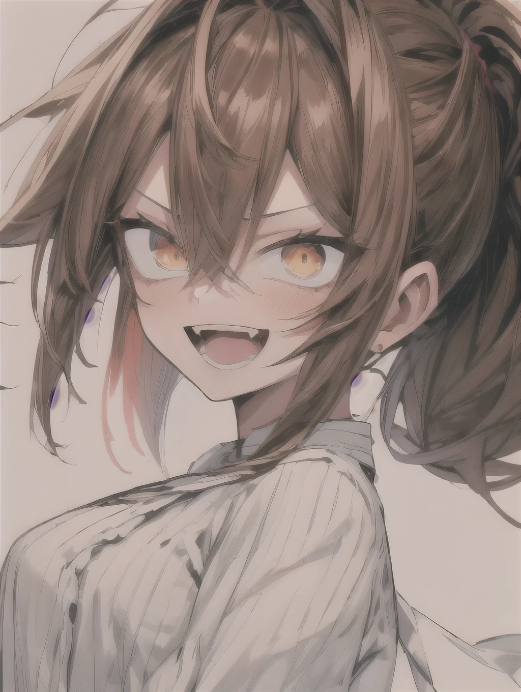 front、Face Up、Glaring and laughing!(masterpiece, high quality:1.4), break,
One girl, , alone,(Medium Hair:1.2), (Low Ponytail:1.25), Brown Hair, Hair between the eyes, Tight waist, Brown eyes, break,
White shirt