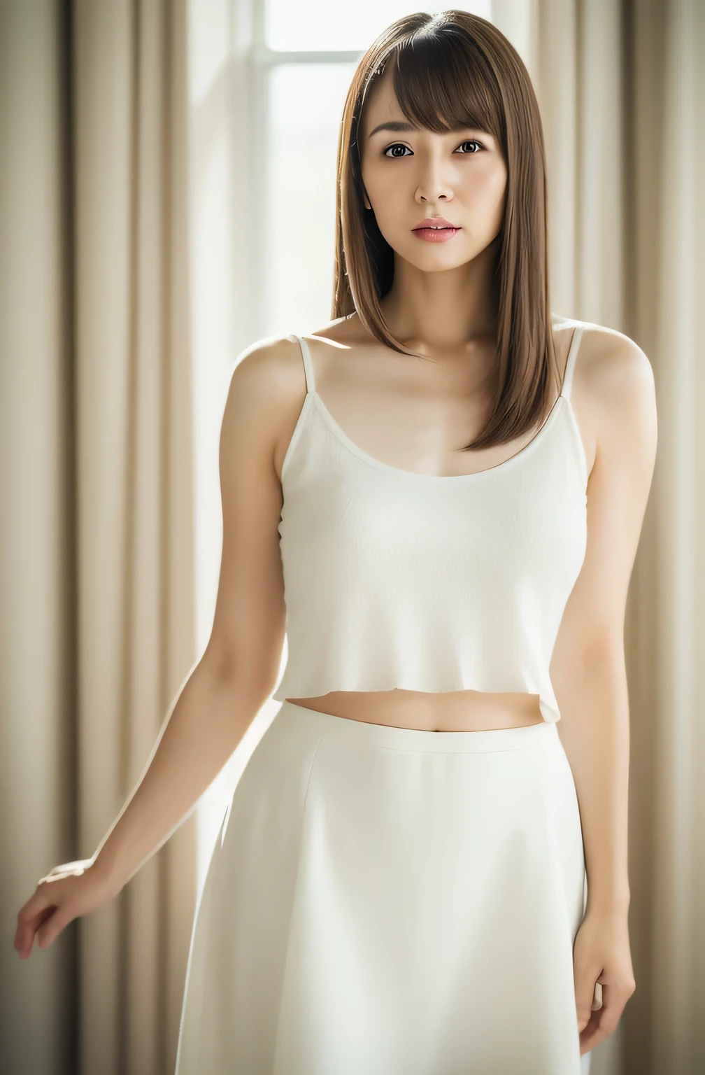Masterpiece、Highest quality、masterpiece、High resolution、Photorealistic、Raw photo、8k wallpaper、perfection、Professional Lighting、Very detailed、Depth of written boundary、Light solid color background、((1 beautiful woman))、((Sexy 35 year old women、Detailed oval face、Beautiful Eyes、bangs、Shapely large breasts、Light brown, medium length straight hair、Faint lips、((Stand facing forward、Staring at the viewer with a serious expression。))、White elegant camisole、White summer skirt、cowboy shot from the knees up