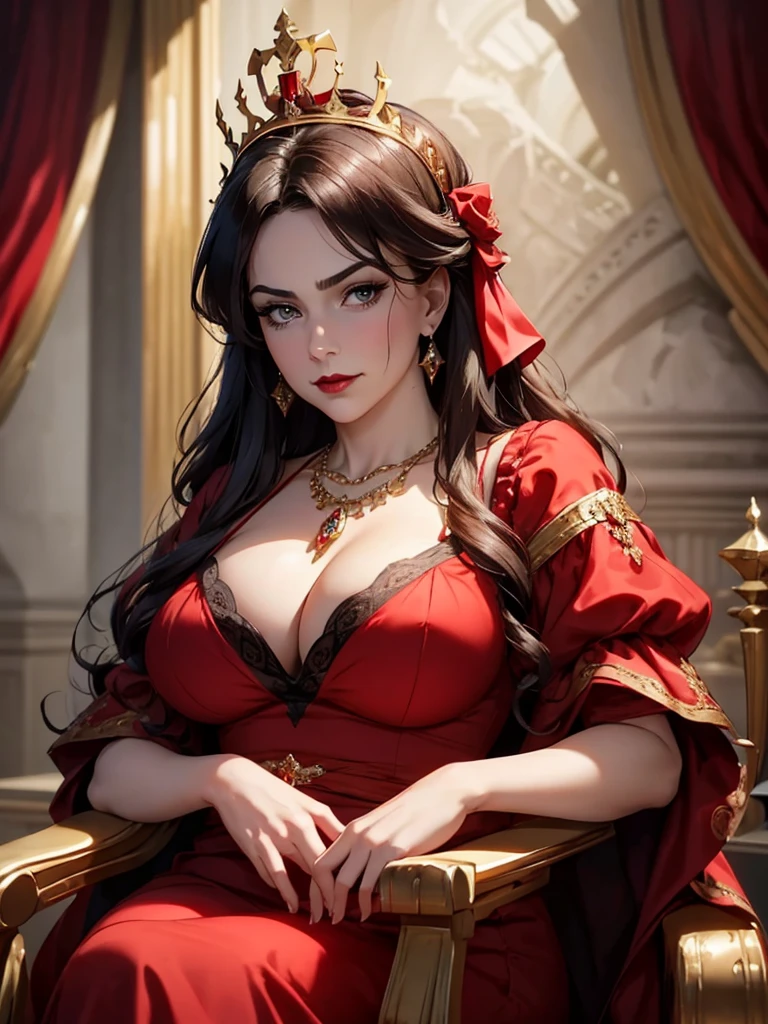 1girl, {{Victorian evil queen}}, 45 year old woman milf, {{old and mature features}}, curvy body, chubby body, soft tummy, thick thighs, cruel smile, intimidating sensual expression, black eyes, perfect eyes, {{long crimsom red hair}}, beautiful face, red and black makeup, thick red lips, medium pale skin, {victorin red dress with neckline}, {{medium breasts}}, royal necklace, big royal golden crown, sitting on throne, front view, {{perfect face}}, detailed face, perfect hands, dramatic lights, victorian background with details, dinamic pose, best quality, hd