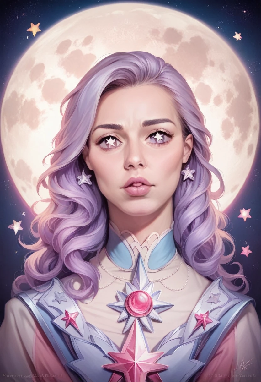 a young charismatic man with lavender hair, beautiful detailed eyes,beautiful detailed lips, extremely detailed face, pastel moon, pastel stars, pastel aesthetic, clean shaven, thin, (best quality,4k,8k,highres,masterpiece:1.2),ultra-detailed,(realistic,photorealistic,photo-realistic:1.37),studio lighting,vivid colors,concept art