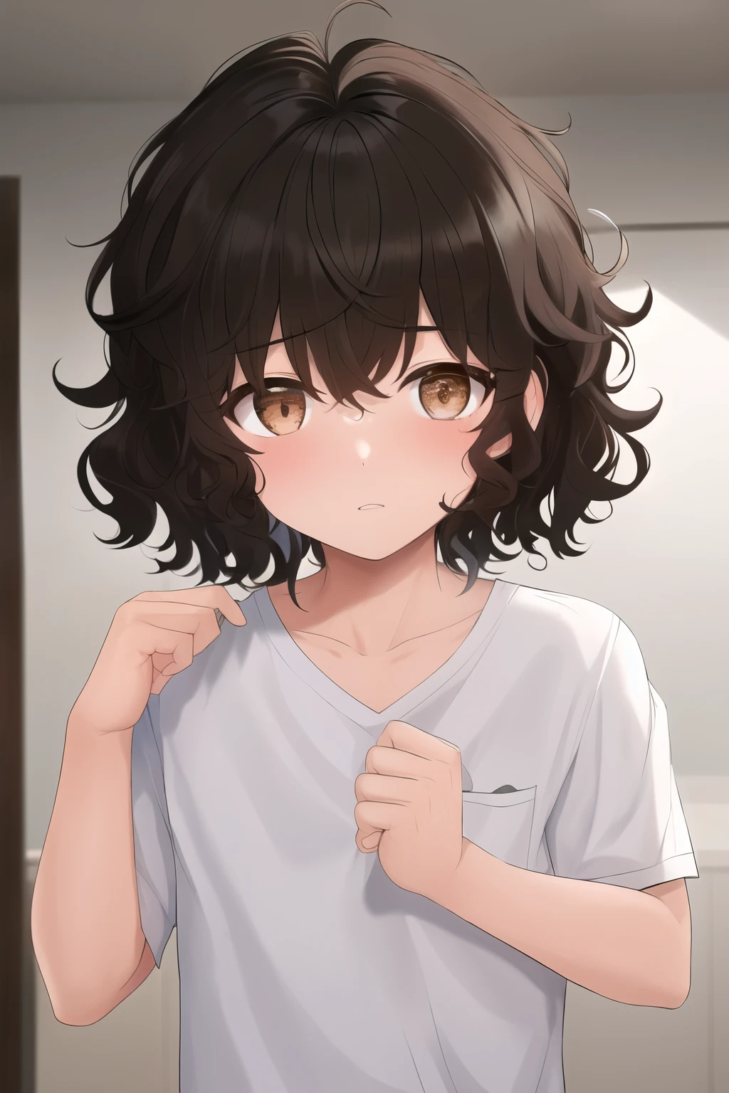 A boy with dark brown eyes and dark curly hair