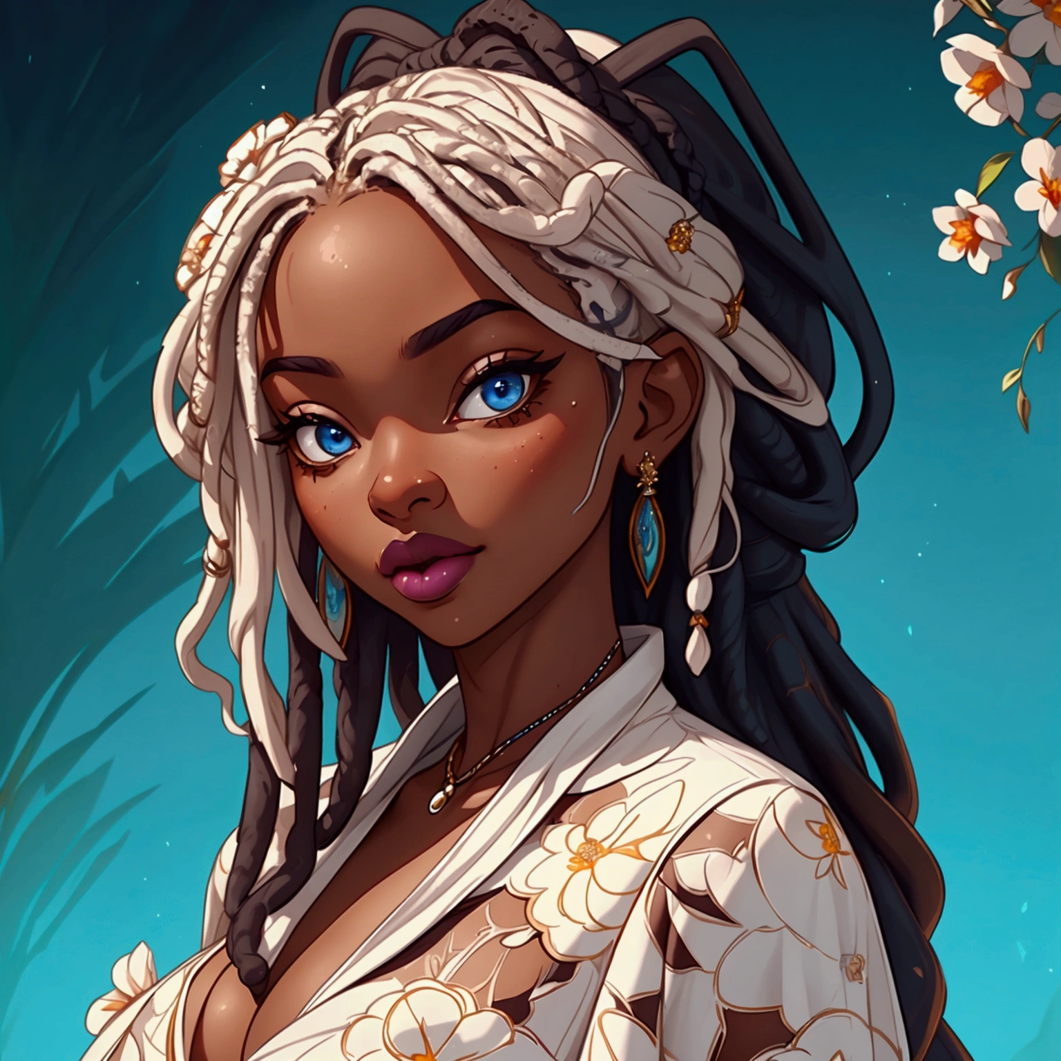 a portrait of a sexy ebony skinned female, wearing a floral dress, classy, alluring, soft looking, blue eyes, wearing lipstick, wearing makeup, has long white dreadlocks