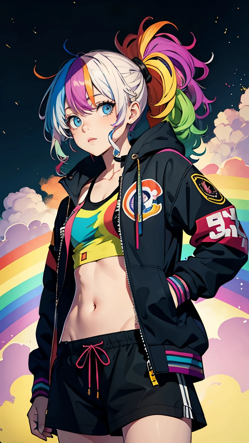 Tied up messy attractive girl, Rainbow Curly Hair, Rainbow Style Jacket, Cool bomb explosion background