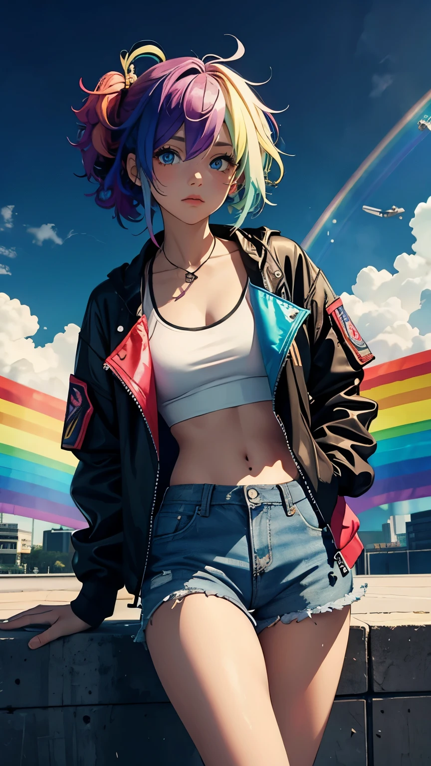 Tied up messy attractive girl, Rainbow Curly Hair, Rainbow Style Jacket, Cool bomb explosion background