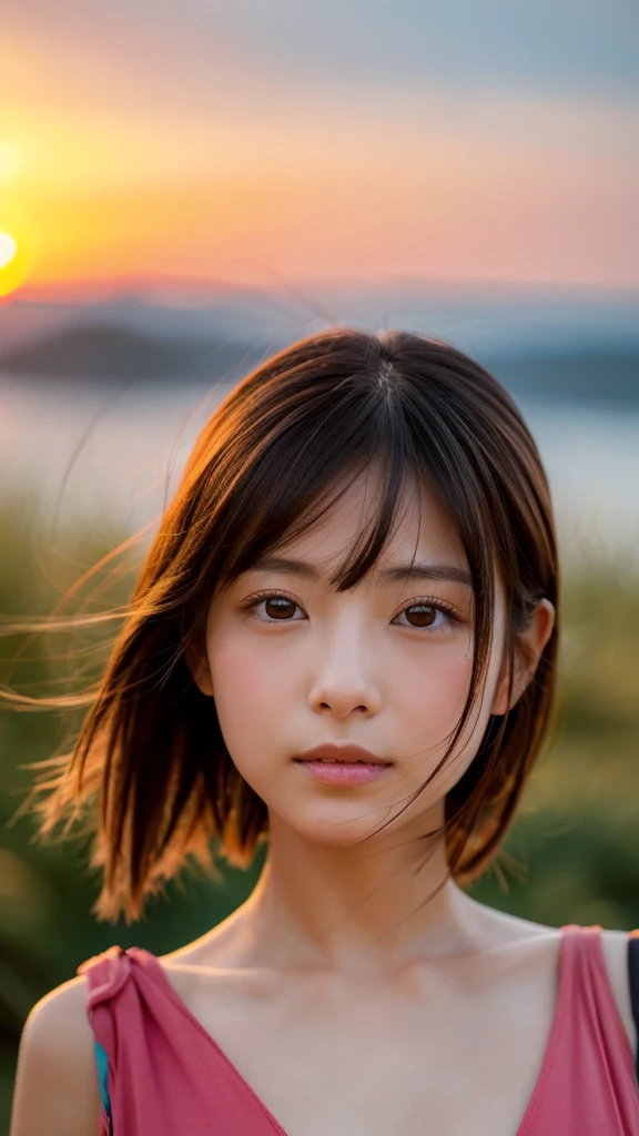 Japanese women、Clothes that do not expose skin、Close-up of face、Sunset、summer、Medium Hair