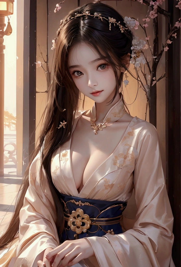 Best image quality、8k、masterpiece:1.3))、Realistic high-quality photos、Highest quality、 Beautiful face、Photos of slim models、Beautiful girl model、Young and pretty face、Beautiful model girl、A lovely and delicate face、Black Hair、Beautiful brown eyes、Young Body、Hanfu, (emphasize)、from the front、Camera gaze,、Anatomically correct、胸の谷間をemphasize、whole body、13-year-old female model、smile