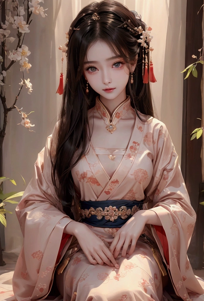 Best image quality、8k、masterpiece:1.3))、Realistic high-quality photos、Highest quality、 Beautiful face、Photos of slim models、Beautiful girl model、Young and pretty face、Beautiful model girl、A lovely and delicate face、Black Hair、Beautiful brown eyes、Young Body、Hanfu, (emphasize)、from the front、Camera gaze,、Anatomically correct、胸の谷間をemphasize、whole body、13-year-old female model、smile