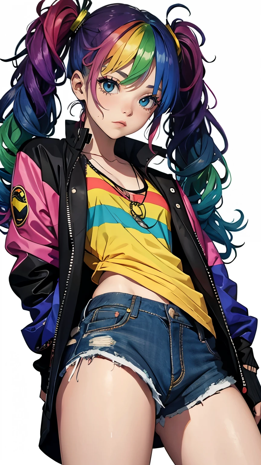 Tied up messy attractive girl, Rainbow Curly Hair, Rainbow Style Jacket, Cool bomb explosion background