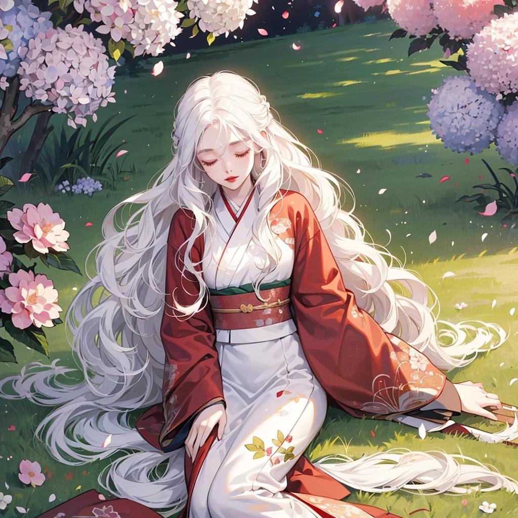 (1girl, long hair, white hair, wavy hair, closed eyes, pale skin, makeup, red lips, sitting, sleeping), sleeping in field, holding flowers, fullbody, kimono, hanfu, floral print, (Beautifully Aesthetic:1.2),field, hydrangea, peace, tranquility, serenity, petals