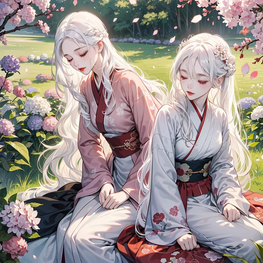 (1girl, long hair, white hair, wavy hair, closed eyes, pale skin, makeup, red lips, sitting, sleeping), sleeping in field, holding flowers, fullbody, kimono, hanfu, floral print, (Beautifully Aesthetic:1.2),field, hydrangea, peace, tranquility, serenity, petals