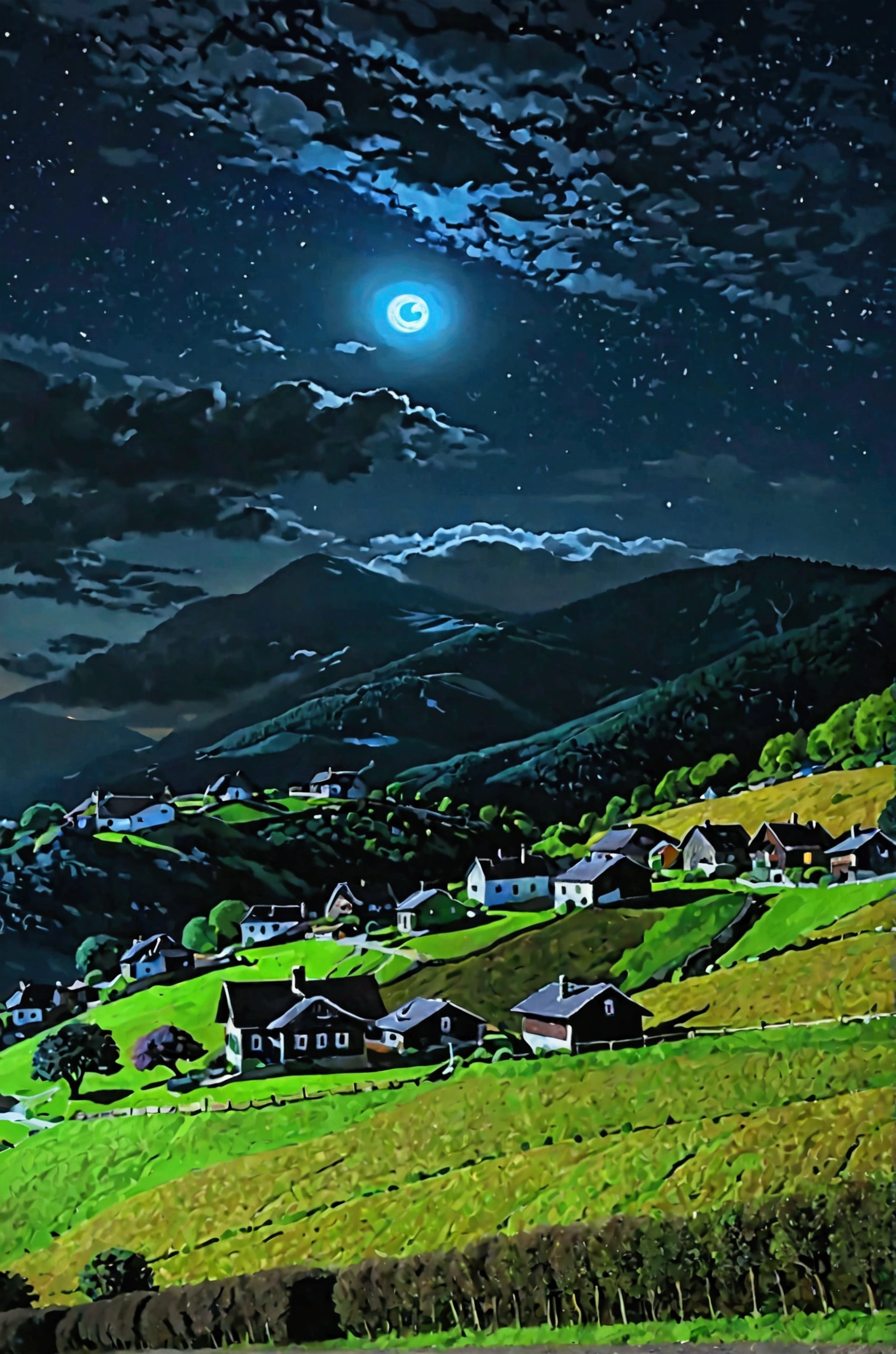 Paysage nocturne de montagne avec un village éclairé par la pleine lune, des collines verdoyantes et un ciel étoilé."Ce prompt décrit les éléments clés de l'image, permettant ainsi à une intelligence artificielle de générer une scène similaire.