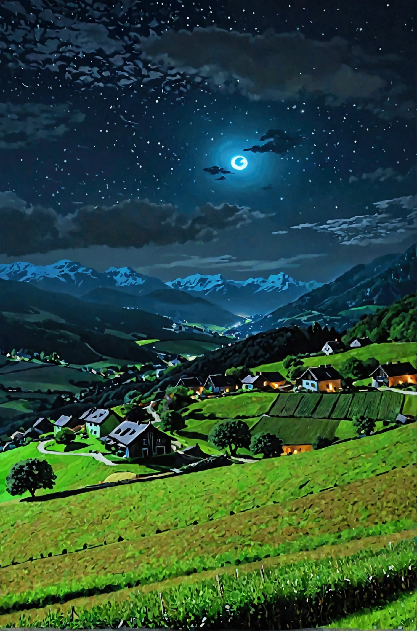 Paysage nocturne de montagne avec un village éclairé par la pleine lune, des collines verdoyantes et un ciel étoilé."Ce prompt décrit les éléments clés de l'image, permettant ainsi à une intelligence artificielle de générer une scène similaire.