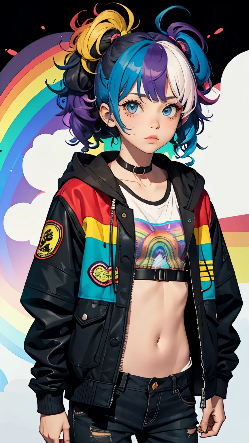Tied up messy attractive girl, Rainbow Curly Hair, Rainbow Style Jacket, Cool bomb explosion background