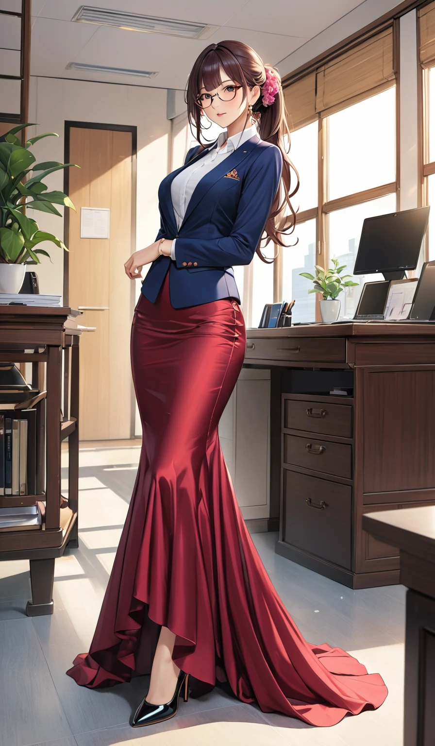 (masterpiece,highest quality,超A high resolution),japanaese girl with pony tail hair (((Very beautiful 35 year old girl))), pretty woman, a woman in the mermaid long train skirt,the skirt is very long, full body, wear blazer, wear sexy blouse, wear glasses,long satin, flowy dramatic long skirt,body height 165, random pose, bussy in office, wear high heels,  masterpice  (Shiny long train dress mermaid-style long skirt 