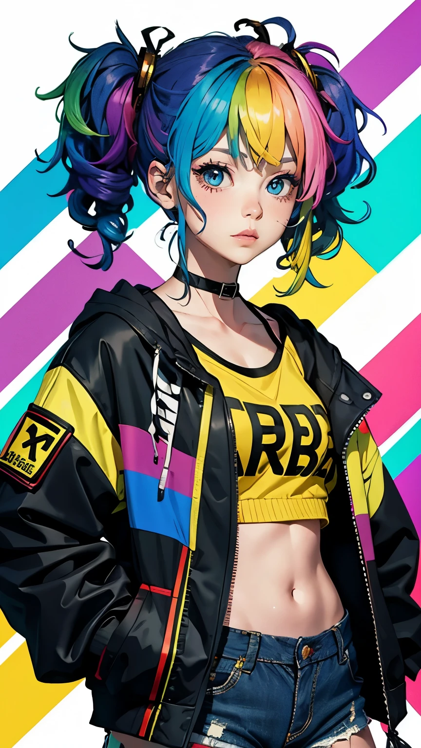 Tied up messy attractive girl, Rainbow Curly Hair, Rainbow Style Jacket, Cool bomb explosion background