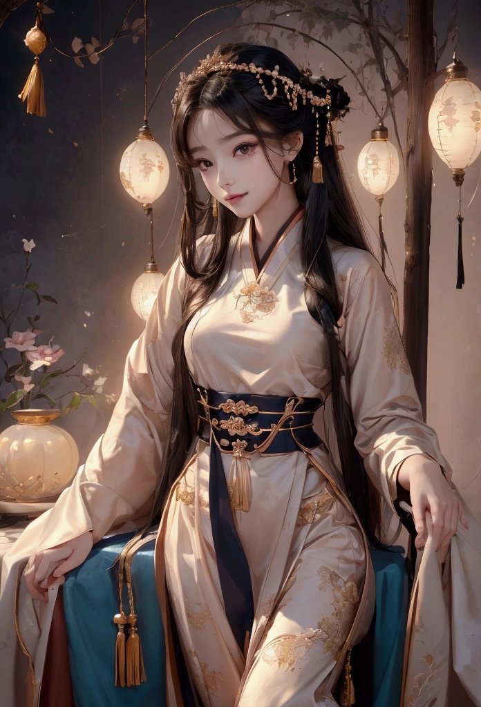 Best image quality、8k、masterpiece:1.3))、Realistic high-quality photos、Highest quality、 Beautiful face、Photos of slim models、Beautiful girl model、Young and pretty face、Beautiful model girl、A lovely and delicate face、Black Hair、Beautiful brown eyes、Young Body、Hanfu, (emphasize)、from the front、Camera gaze,、Anatomically correct、胸の谷間をemphasize、whole body、13-year-old female model、smile