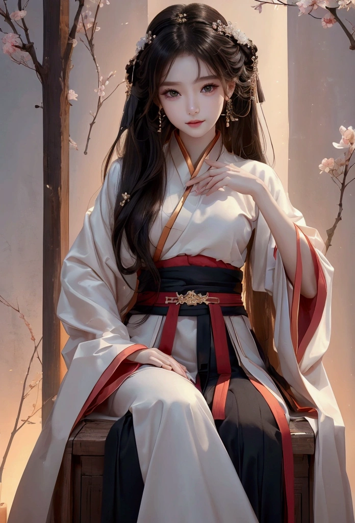 Best image quality、8k、masterpiece:1.3))、Realistic high-quality photos、Highest quality、 Beautiful face、Photos of slim models、Beautiful girl model、Young and pretty face、Beautiful model girl、A lovely and delicate face、Black Hair、Beautiful brown eyes、Young Body、Hanfu, (emphasize)、from the front、Camera gaze,、Anatomically correct、胸の谷間をemphasize、whole body、13-year-old female model、smile