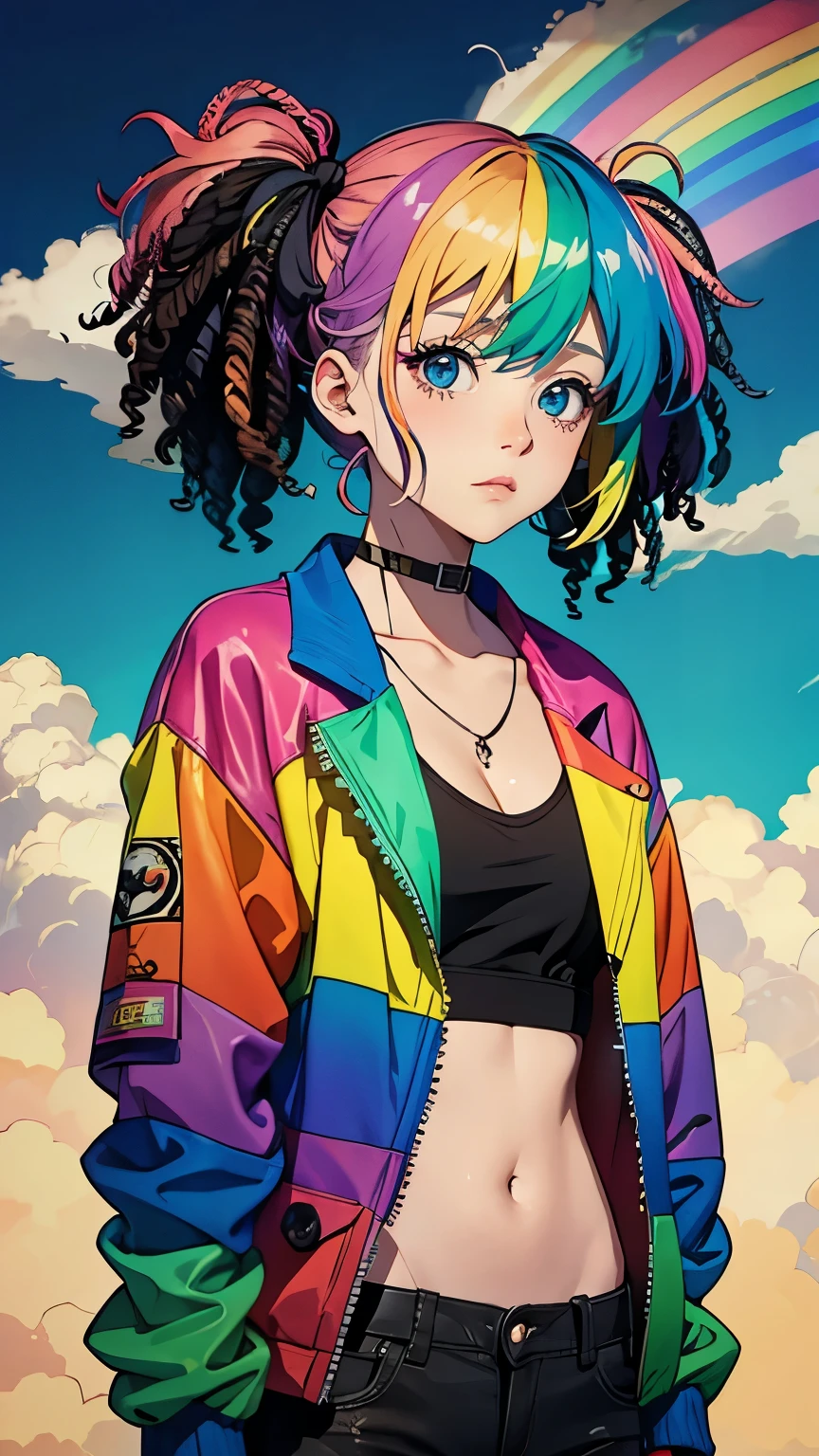 Tied up messy attractive girl, Rainbow Curly Hair, Rainbow Style Jacket, Cool bomb explosion background