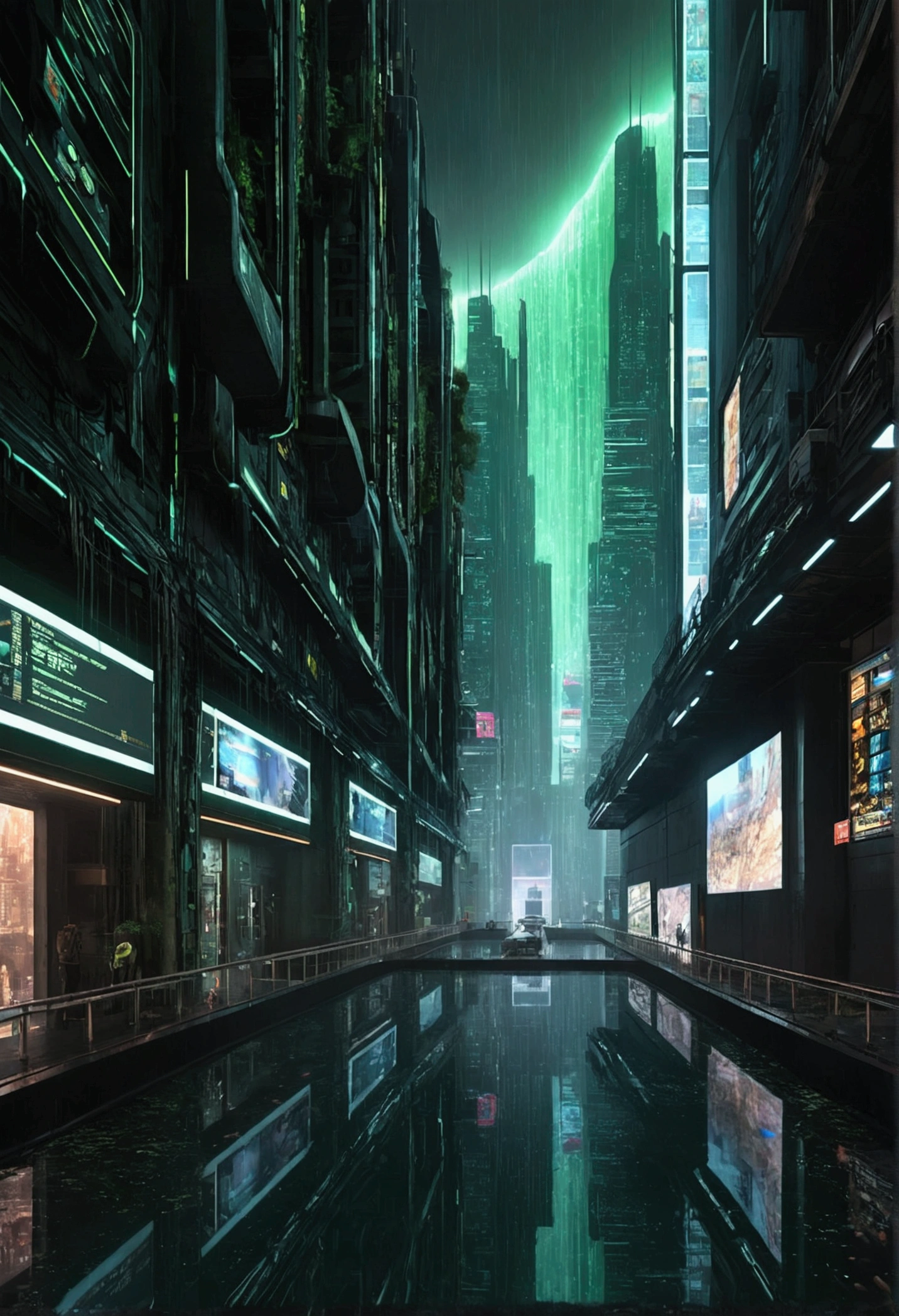 Highest quality, Realistic, High resolution, Ultra-detailed, Matrix Movie Architecture, Futuristic cityscape, Cyberpunk Style, Holographic Advertising, Neon Light, Towering Skyscrapers, A waterfall of digital rain, Glass and steel structure, bustling street, Flying vehicles, Virtual Reality Simulation, Elegant and minimalist design, Black and green color scheme, Buildings controlled by artificial intelligence, Surveillance camera, Underground tunnels, Dark Alley, Robot Agent, Drone, Matrix Code Transmission Bill, Post-apocalyptic atmosphere, Rebel Hideout, Hidden entrance, Twisted reality, glitch effect, reflection on glass surface, 神秘的で非Realisticな雰囲気, Somber Beauty, Dark and menacing tone, Submerged 3D environment, Infinity Skyline, Advanced Technology, Dystopian society.