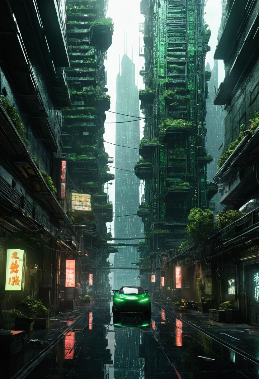 Highest quality, Realistic, High resolution, Ultra-detailed, Matrix Movie Architecture, Futuristic cityscape, Cyberpunk Style, Holographic Advertising, Neon Light, Towering Skyscrapers, A waterfall of digital rain, Glass and steel structure, bustling street, Flying vehicles, Virtual Reality Simulation, Elegant and minimalist design, Black and green color scheme, Buildings controlled by artificial intelligence, Surveillance camera, Underground tunnels, Dark Alley, Robot Agent, Drone, Matrix Code Transmission Bill, Post-apocalyptic atmosphere, Rebel Hideout, Hidden entrance, Twisted reality, glitch effect, reflection on glass surface, 神秘的で非Realisticな雰囲気, Somber Beauty, Dark and menacing tone, Submerged 3D environment, Infinity Skyline, Advanced Technology, Dystopian society.