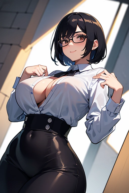 Female character with short black hair, slightly disheveled, with bangs that frame his forehead. He wears large, round glasses that highlight his large, brown eyes., with long and well defined eyelashes. Has clear and soft skin. He is wearing a white button-down shirt with long sleeves., adjusted to your figure, highlighting her curves. The skirt is light blue, tight and high waist, highlighting her pronounced waist and hips. Her complexion is curvy, with wide hips and well-defined legs. The expression on his face is friendly and confident., with a slight flirtatious smile. suggestive pose, accentuating her curvy figure. Only the main character in the image, no extra characters. Taking off his shirt. Cute breast. Hands well drawn.

Upper body and head, angle from below, attention to woman, definition, perfect woman, solo woman, 24 years old, short hair, disheveled hair, details, extremely detailed, 8K quality, master piece.