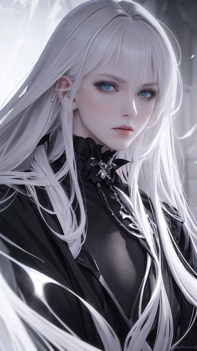 Insanely detailed photograph of a gorgeous vampire man, Goth Renaissance, Long and voluminous white hair, Complex white eyes, Fantasy, vampire, Mysterious, Ultra-detailed, 32K resolution, Dynamic Lighting, Ultra-detailed, Exquisitely crafted, Trending on Art Station, 3 colours, Volumetric lighting, Balenciaga Style