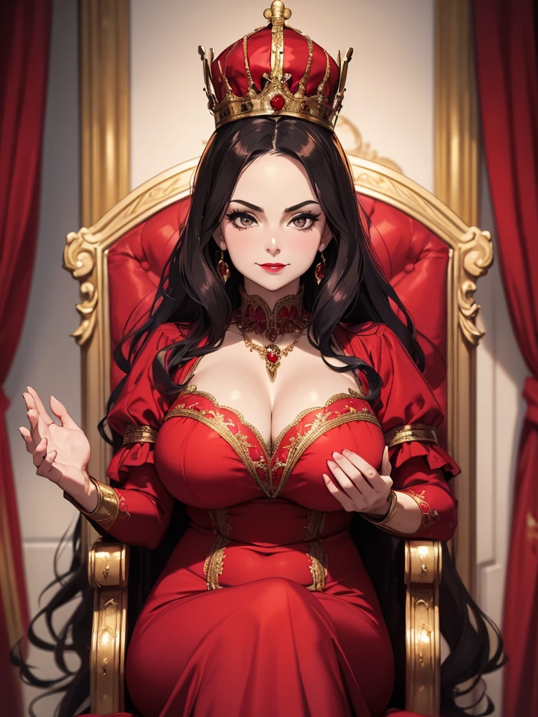 1girl, {{Victorian evil queen}}, 45 year old woman milf, {{old and mature features}}, curvy body, chubby body, soft tummy, thick thighs, cruel smile, intimidating sensual expression, black eyes, perfect eyes, {{long crimsom red hair}}, beautiful face, red and black makeup, thick red lips, medium pale skin, {victorin red dress with neckline}, {{medium breasts}}, royal necklace, big royal golden crown, sitting on throne, front view, {{perfect face}}, detailed face, perfect hands, dramatic lights, victorian background with details, dinamic pose, best quality, hd