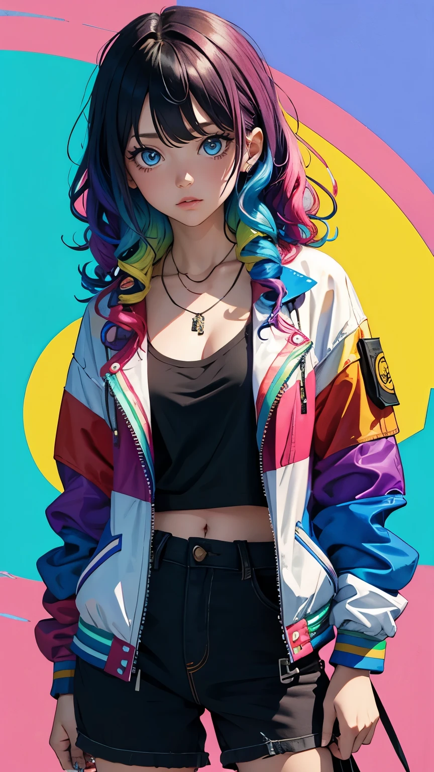 Tied up messy attractive girl, Rainbow Curly Hair, Rainbow Style Jacket, Cool bomb explosion background