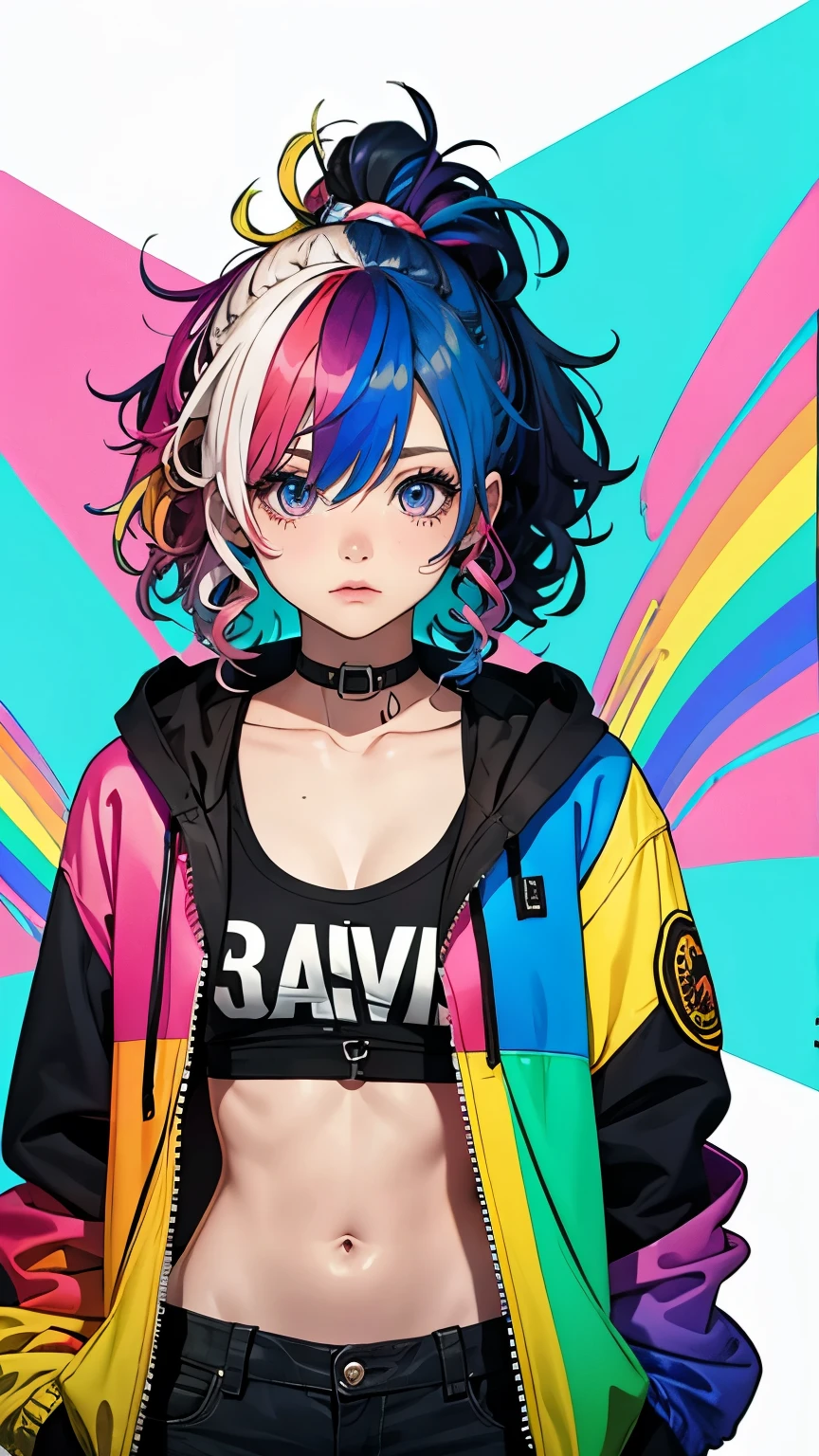 Tied up messy attractive girl, Rainbow Curly Hair, Rainbow Style Jacket, Cool bomb explosion background