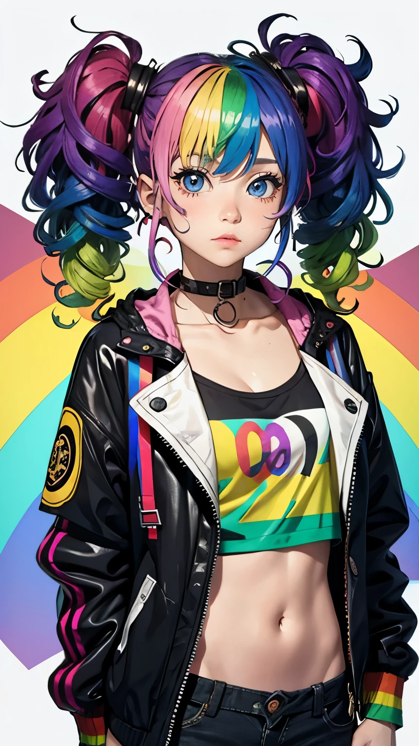 Tied up messy attractive girl, Rainbow Curly Hair, Rainbow Style Jacket, Cool bomb explosion background